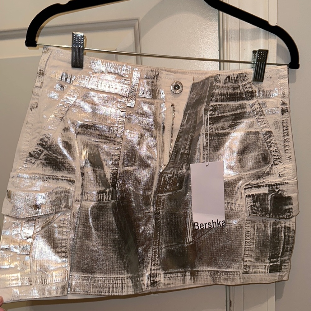 New With Tags Bershka silver metallic cargo mini skirt
